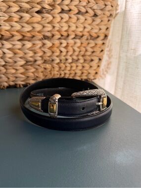 Vintage Brighton Navy Blue Leather Belt with Two Tone Gold and Silver Accents